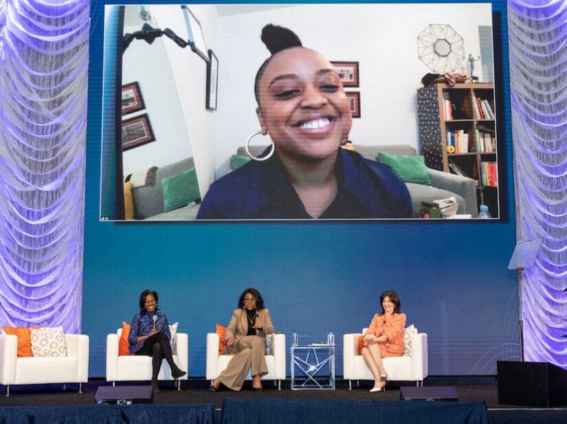 quinta brunson, sheryl lee ralph, joyce kulhawik, lynn perry wooten on stage at the simmons leadership conference